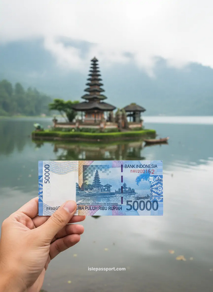 50,000 Rupiah note held up in front of Ulun Danu Beratan Temple in Bali