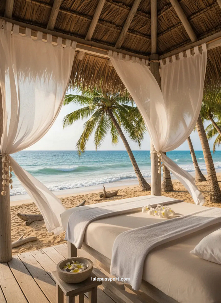 Oceanfront massage cabana with flowing curtains and palm-thatched roof