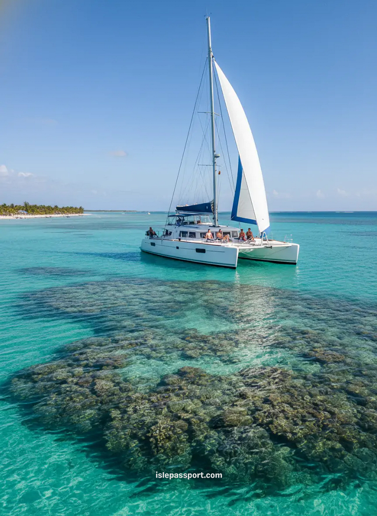 Catamaran sailing over turquoise Belize water during a low-cost Caribbean adventure