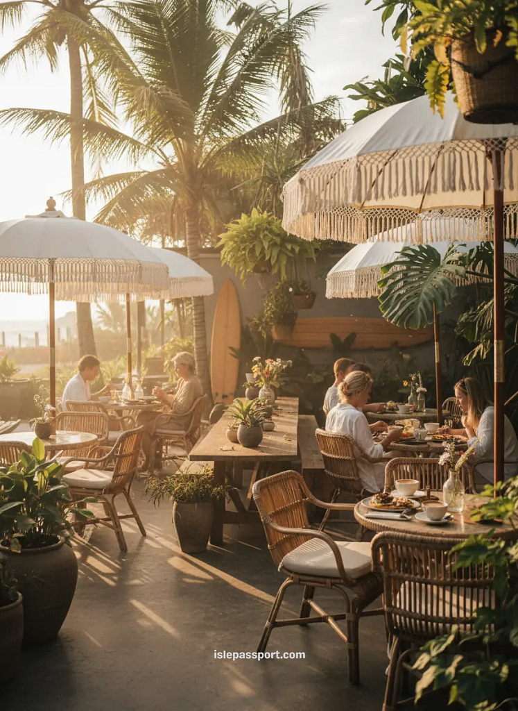 Boho outdoor café in Canggu with rattan chairs and tropical plants during a relaxed Bali getaway