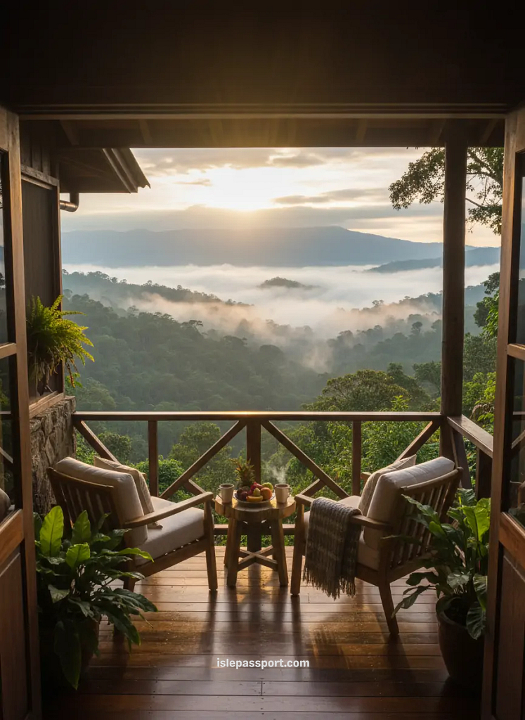 Open-air eco-lodge balcony facing cloud forest mountains in Costa Rica during a nature retreat