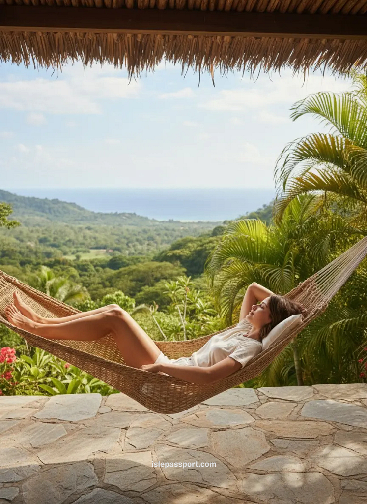 Woman relaxing in a hammock overlooking Costa Rica’s jungle and ocean on an affordable nature escape
