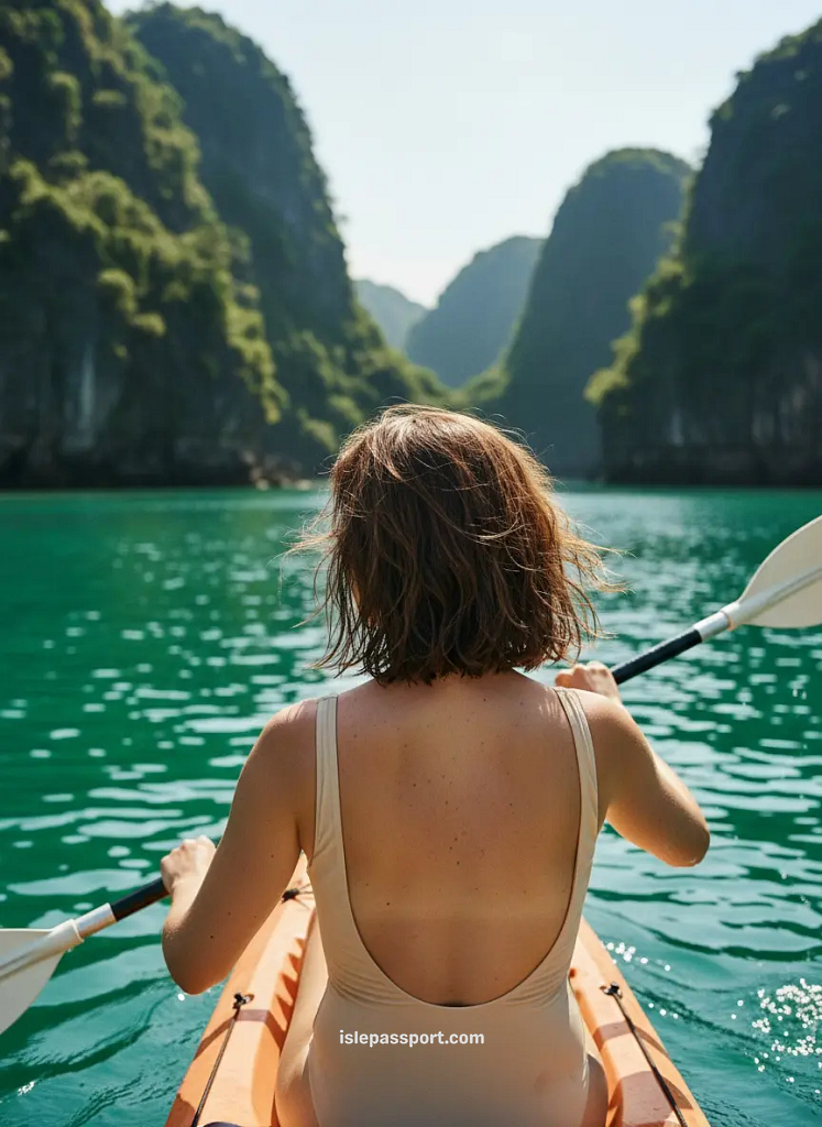 Woman paddling a kayak through Ha Long Bay’s emerald waters on an affordable tropical escape