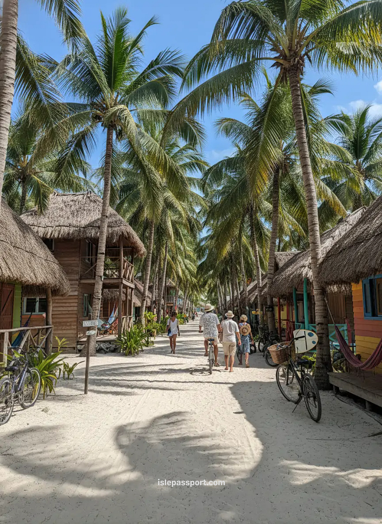 Sandy palm-lined path on Isla Holbox ideal for a relaxed, budget-friendly island trip