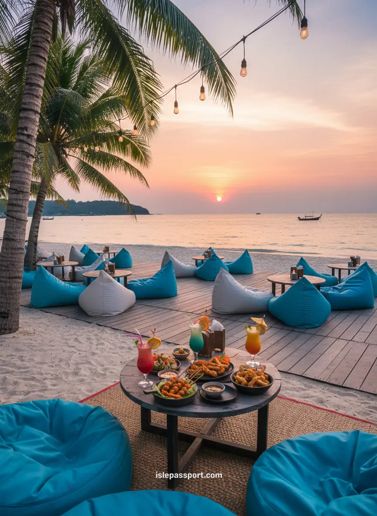 Thai appetizers and cocktails on a beachfront table in Koh Samui