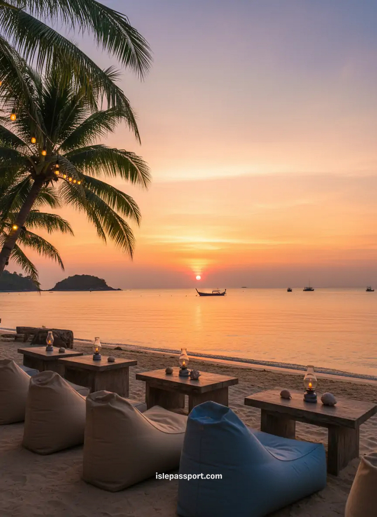 Sunset over calm water in Koh Samui viewed from rustic beachfront seating during an affordable tropical evening