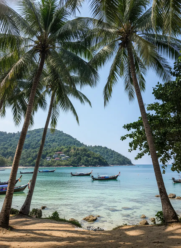 View through tall palm trees overlooking turquoise water and green hills in Koh Tao