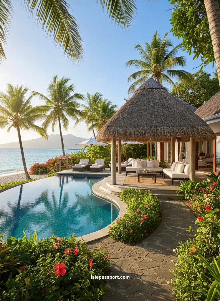 Luxury Mauritius villa with private pool and thatched lounge area surrounded by tropical garden