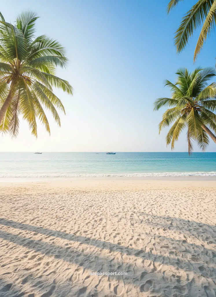Palm trees framing a wide sandy beach with turquoise water in Phu Quoc, Vietnam
