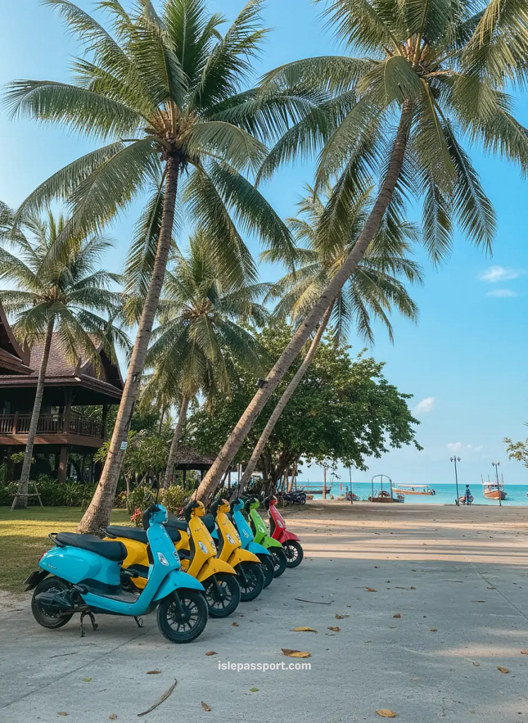 Row of colorful scooters parked beneath tall palm trees in Phuket