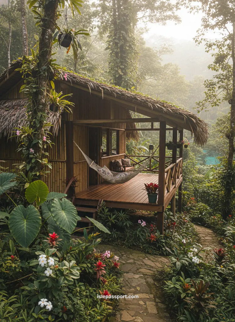 Wooden jungle cabin in Puerto Viejo surrounded by lush greenery for a budget tropical stay