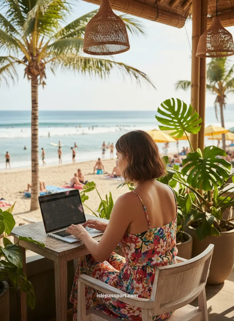 Woman using a laptop at a beachfront café in Seminyak with surfers and palm trees nearby