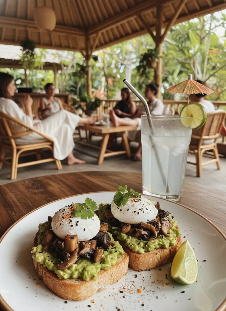 Avocado toast brunch with fresh coconut water at a rustic Bali café during an easy tropical getaway