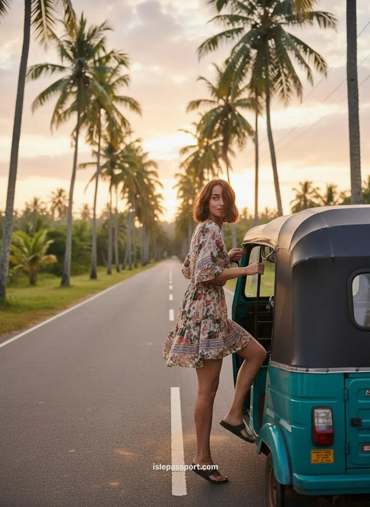 Woman stepping out of a tuk tuk on a palm-lined Sri Lankan road during a budget-friendly adventure