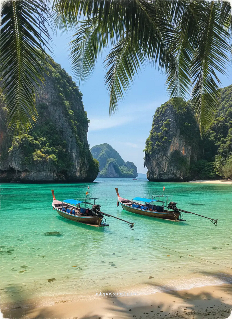 Longtail boats floating in a turquoise Thai bay framed by limestone cliffs