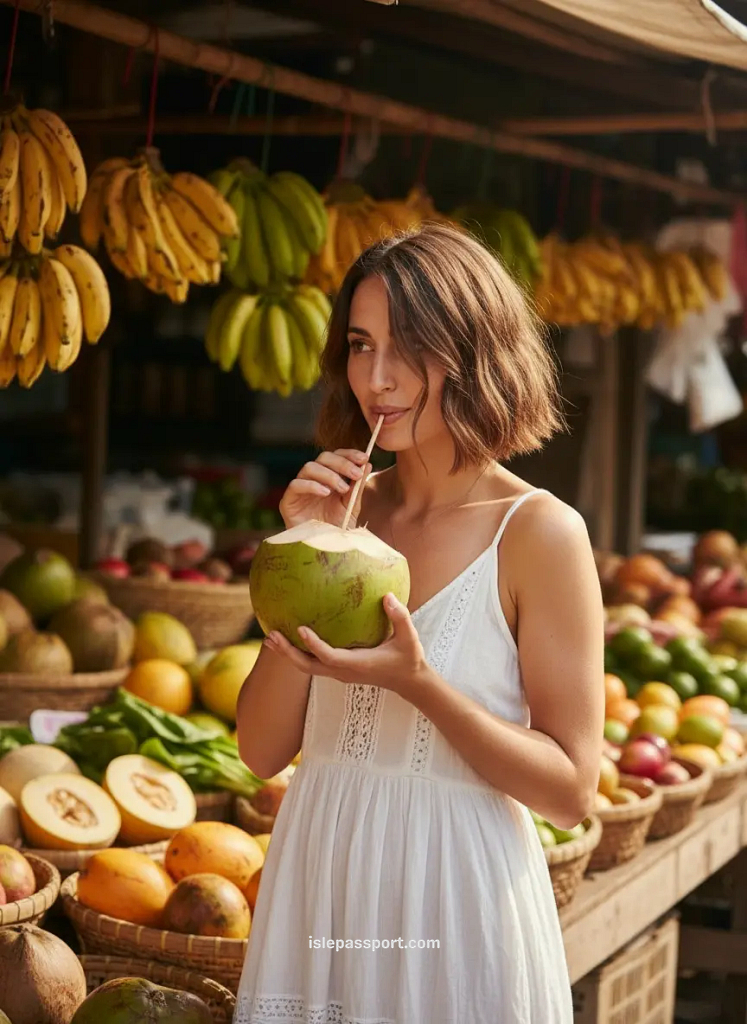 Woman drinking fresh coconut at a tropical fruit stand during a budget tropical break