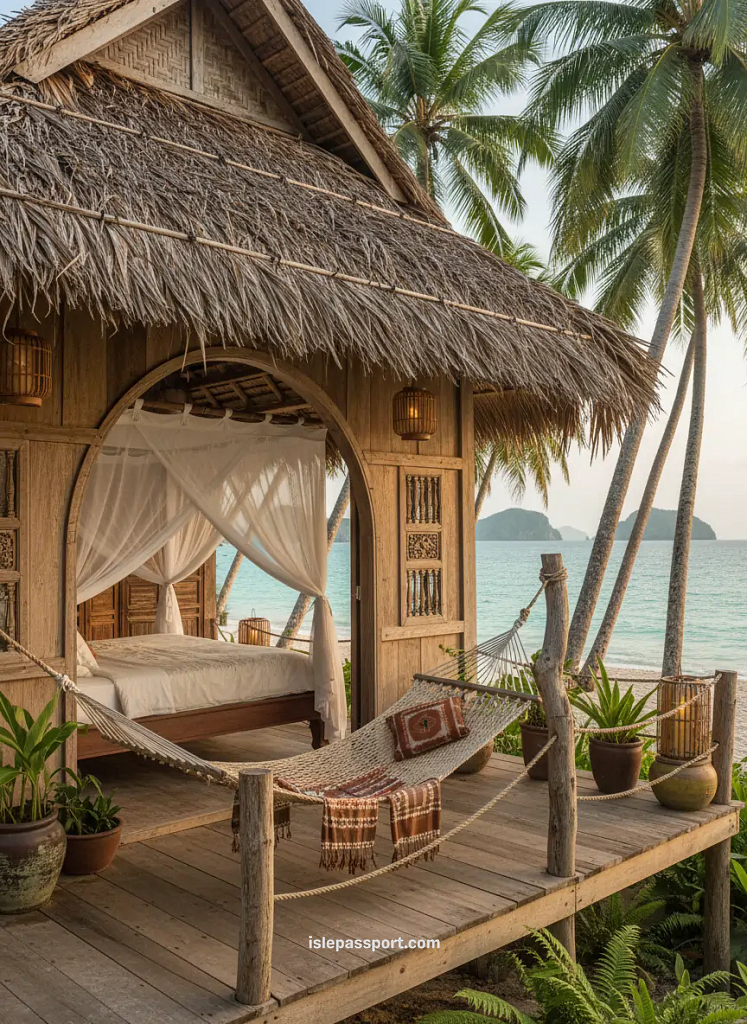 Rustic wooden beachfront bungalow in Vietnam with hammock and ocean view during a peaceful tropical stay