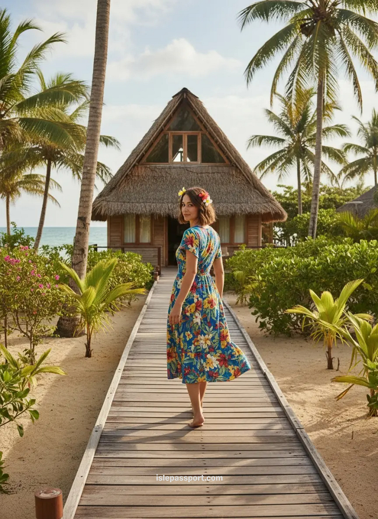 Woman walking a wooden boardwalk toward an A-frame bungalow in Zanzibar during an affordable tropical escape