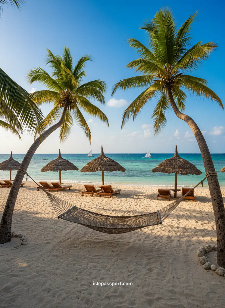 Hammock tied between palm trees on a bright Zanzibar beach with clear water