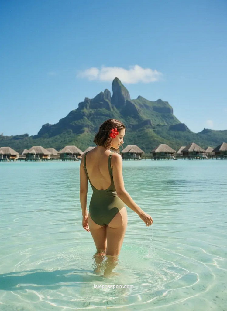 woman standing in shallow lagoon with Bora Bora peaks.