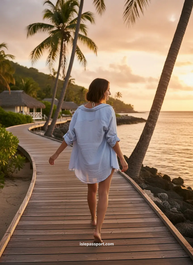 Woman walking along palm-lined boardwalk at sunset in Guadeloupe.