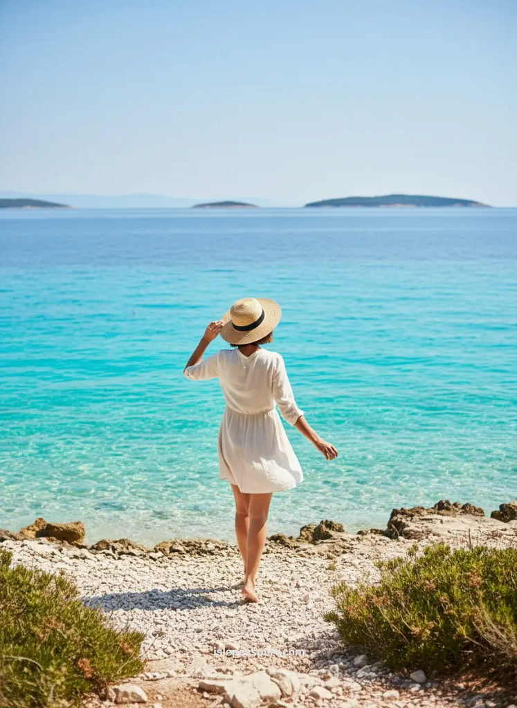 Woman in white dress overlooking bright turquoise Croatian coast.