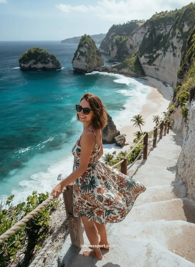 Smiling woman posing on cliffside steps above Diamond Beach.