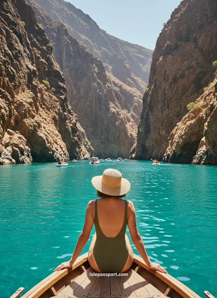 Woman relaxing on pedal boat in turquoise water in tenerife Canary Islands.