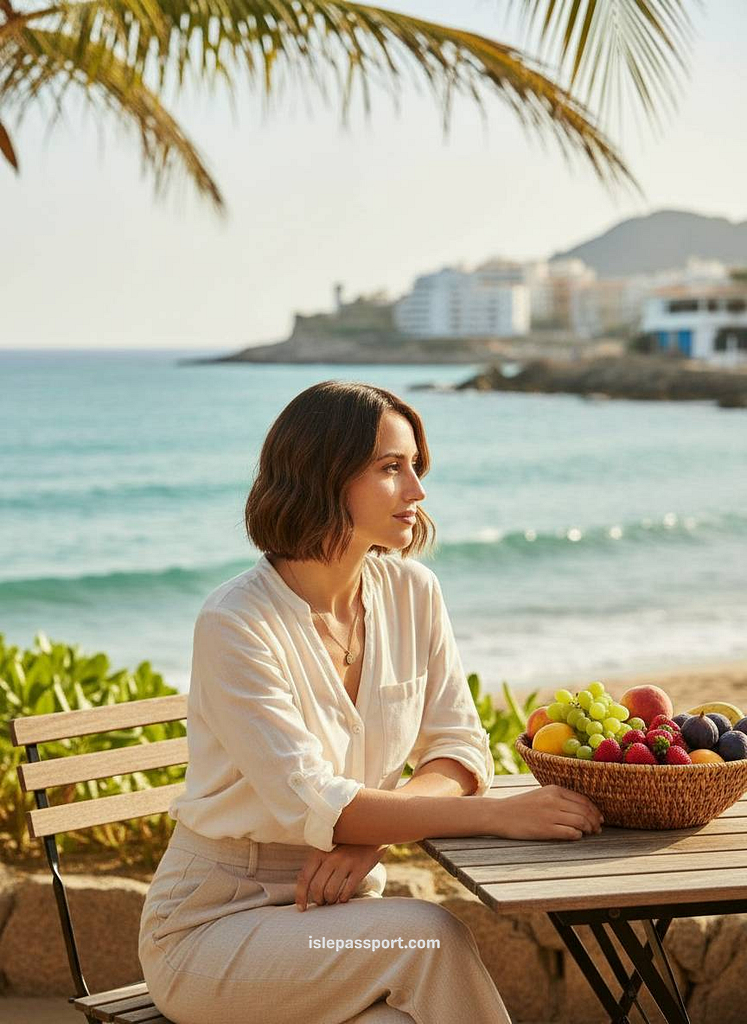 Woman sitting at seaside café with view of palm trees and Mediterranean in Almuñécar, Costa Tropical