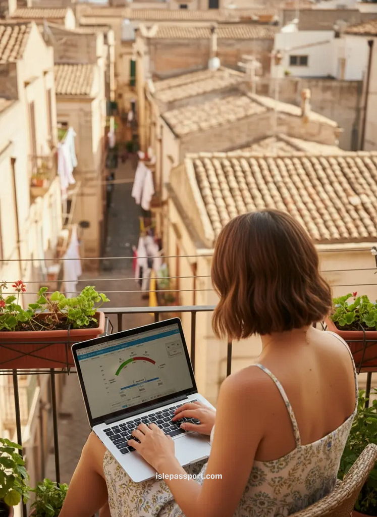 Internet speed test on a laptop in a coastal apartment in Bari Italy