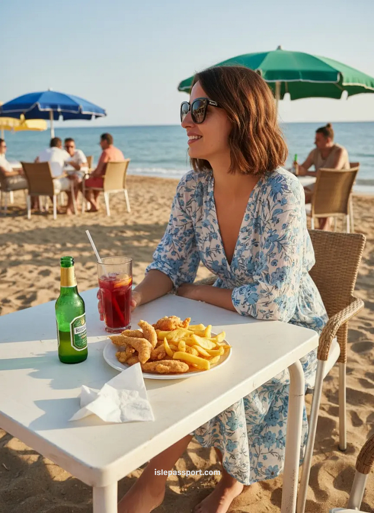 Woman eating simple local food at a beachfront chiringuito in a budget-friendly southern Spain beach town.