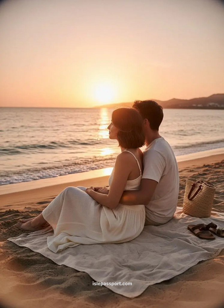 Couple sitting on beach towel at sunset with soft waves, pink-orange sky, and warm golden light