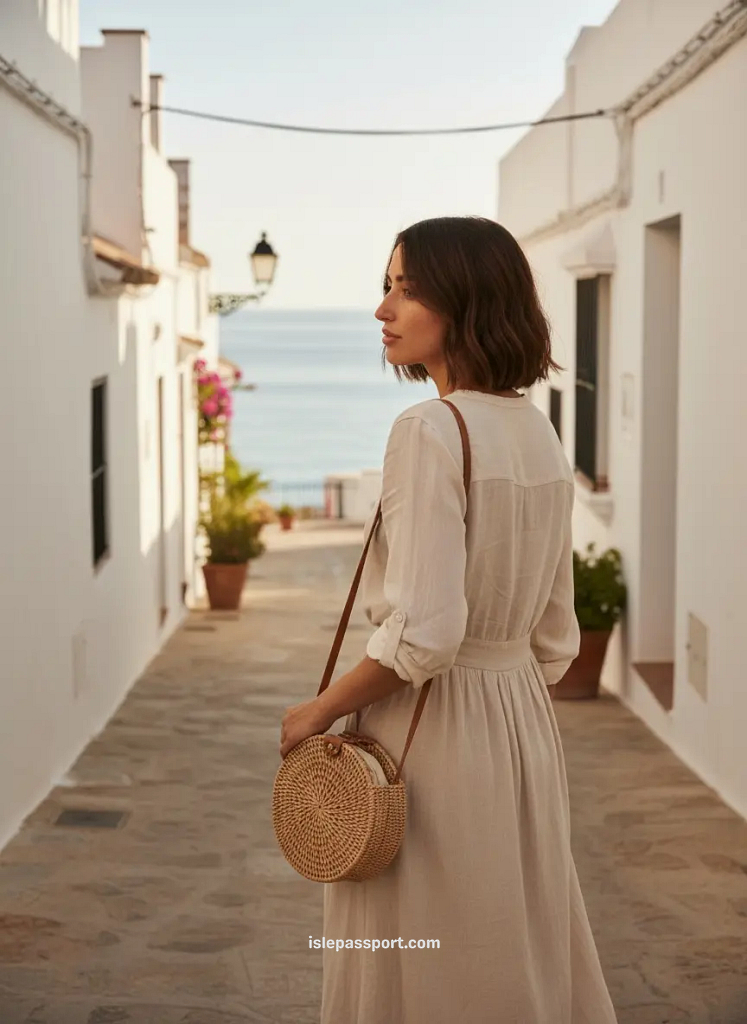 Woman walking through whitewashed coastal street in southern Spain at sunrise with sea ahead.