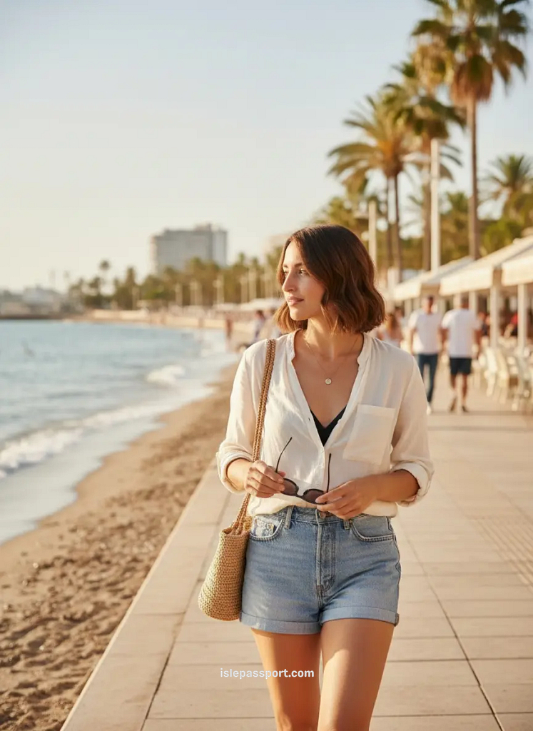 A woman walking along the Marbella seaside promenade at golden hour with palm trees and gentle Mediterranean waves, showcasing the upscale lifestyle on the Costa del Sol.