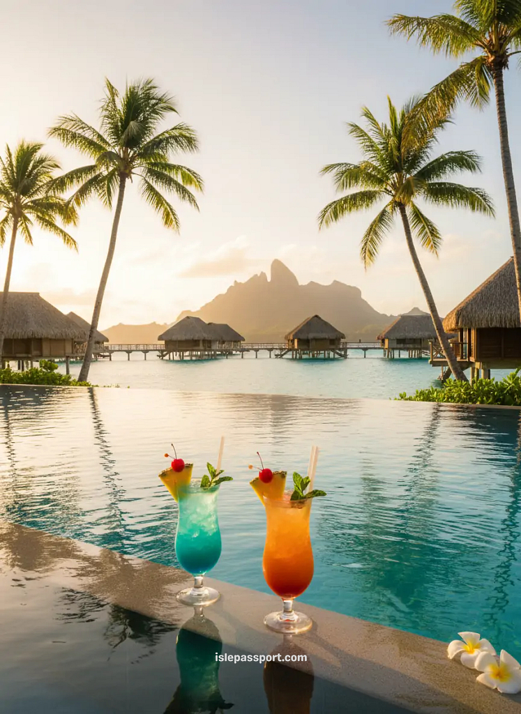 Two tropical cocktails beside an infinity pool with Bora Bora overwater bungalows behind