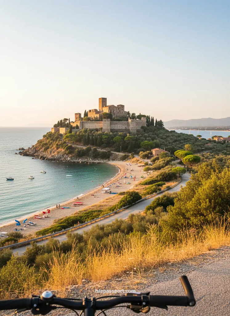 traveler biking through castiglione della pescaia tuscany coast