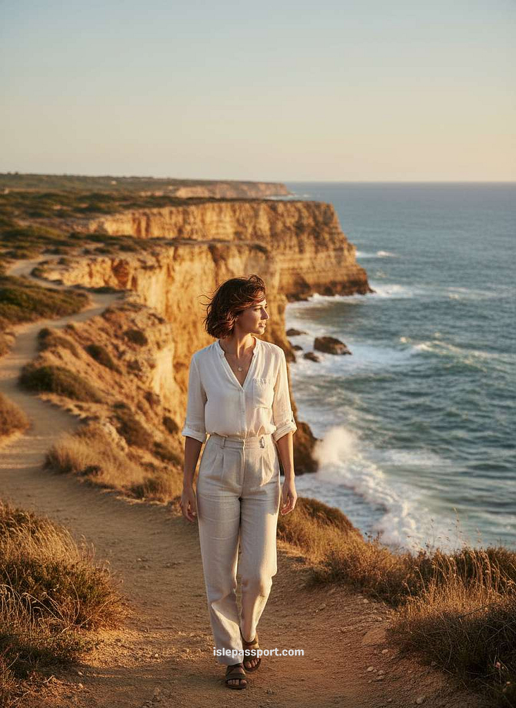 Woman walking along clifftop coastal path with ocean views in Conil de la Frontera, Costa de la Luz
