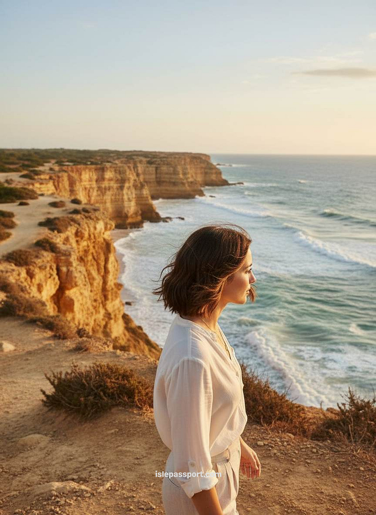 Woman walking along clifftop coastal path with ocean views in Conil de la Frontera, Costa de la Luz