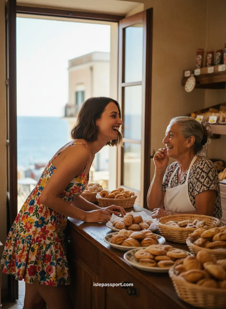 Woman chatting with a local shop owner on a quiet Mediterranean island.
