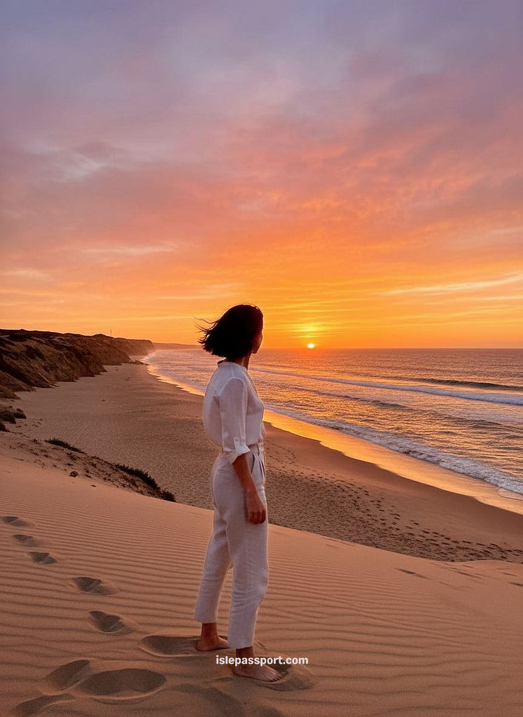 Woman standing on sand dune at sunset in Zahara de los Atunes, Costa de la Luz, Andalusia