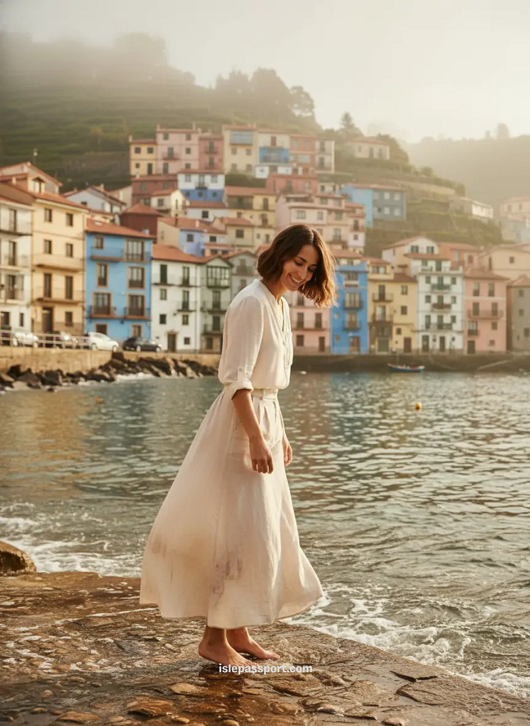 Me standing by the water in Cudillero with colorful cliffside houses behind the harbor