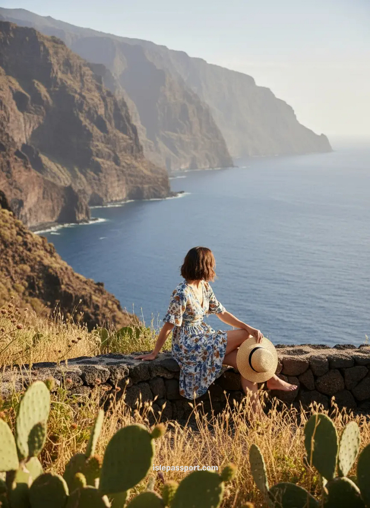 Woman sitting overlooking the cliffs and coastline of El Hierro in the Canary Islands.