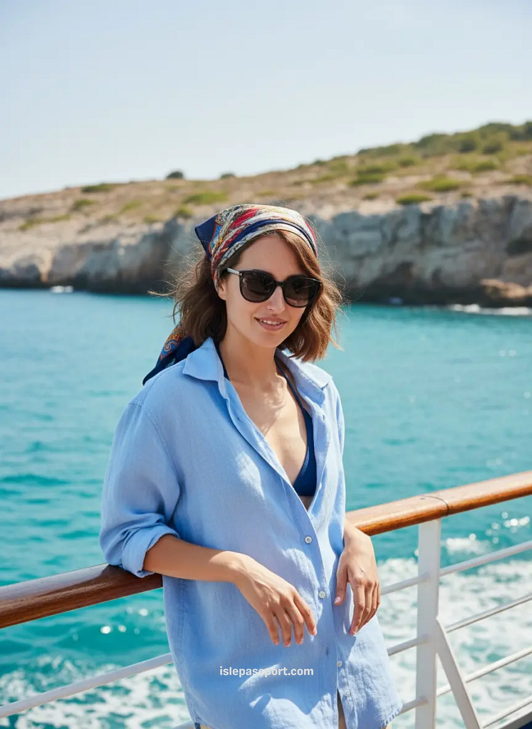 Woman leaning on ferry railing heading toward a quiet Mediterranean island.