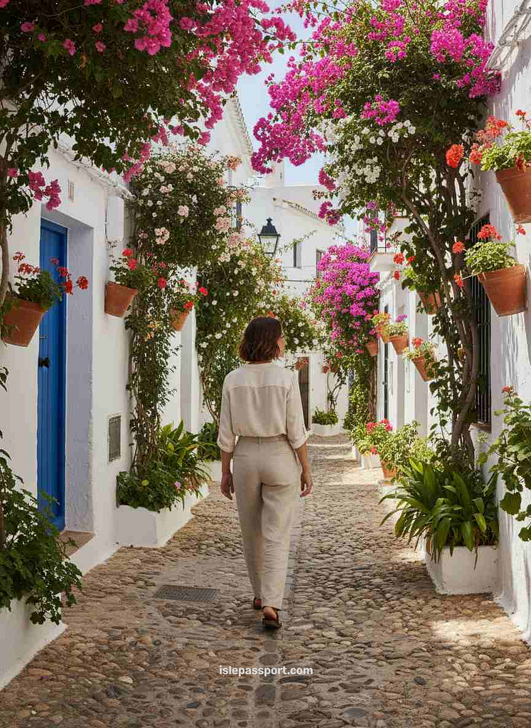 Woman walking through narrow whitewashed streets filled with flowers in Frigiliana village, Andalusia