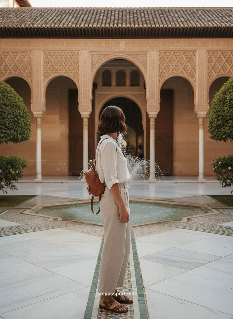 Woman standing in Alhambra courtyard at sunrise during Granada detour on southern Spain road trip