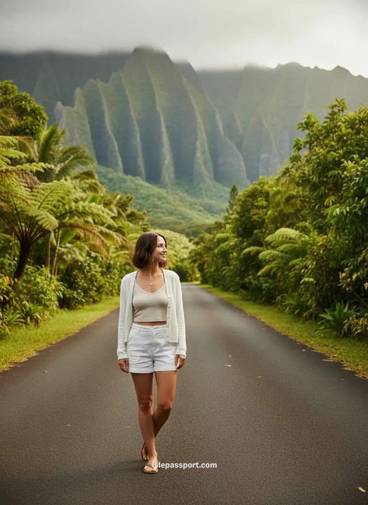 standing on road at Ho‘omaluhia Botanical Garden in Oahu with the Ko‘olau mountains behind me