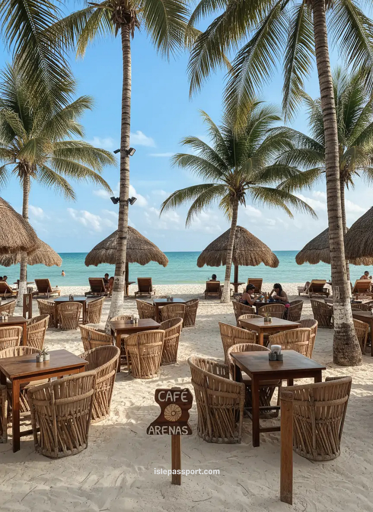Beach café under palm trees facing the turquoise water in Isla Holbox, Mexico