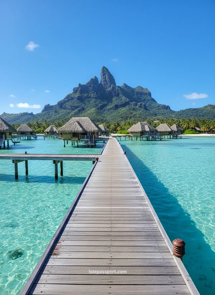 Overwater bungalows and Mount Otemanu showing iconic Bora Bora island hopping destinations