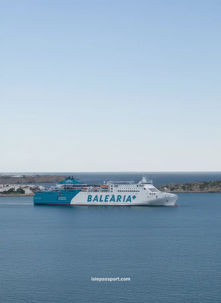 Balearia passenger ferry sailing through calm Mediterranean waters under a pale blue sky with clean bright lighting