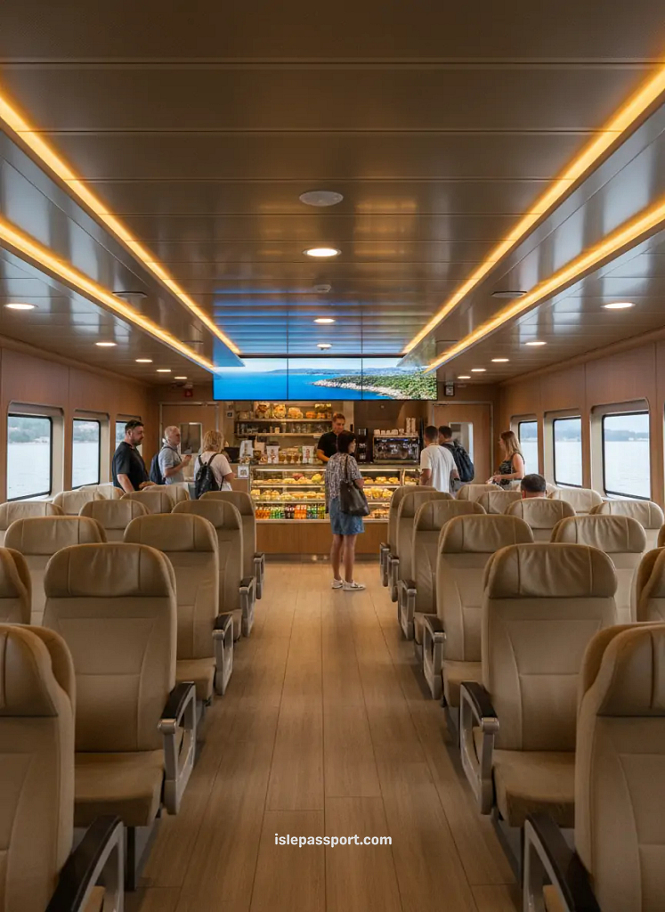 Passenger cabin inside a Croatian ferry with cushioned seats, travelers, and snack bar during an island-hopping journey in Europe